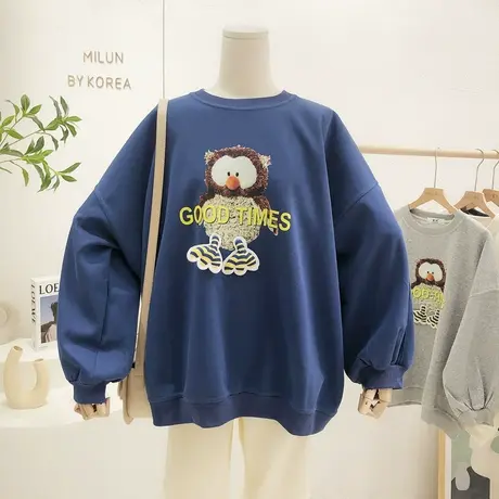 2022春季新款韩国东大门ins小众设计感慵懒休闲圆领卫衣宽松大码商品大图