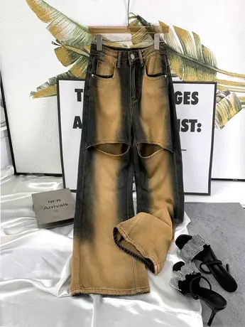 韩版复古磨白牛仔阔腿裤2023秋季新款显瘦百搭膝盖破洞宽松直筒裤商品大图