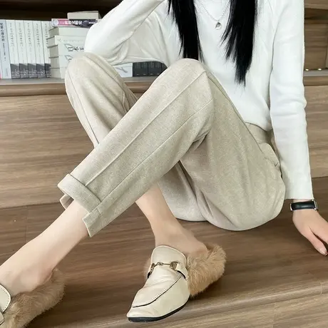 直筒毛呢裤女秋冬新款高腰显瘦呢子加厚宽松休闲小个子九分烟管裤图片
