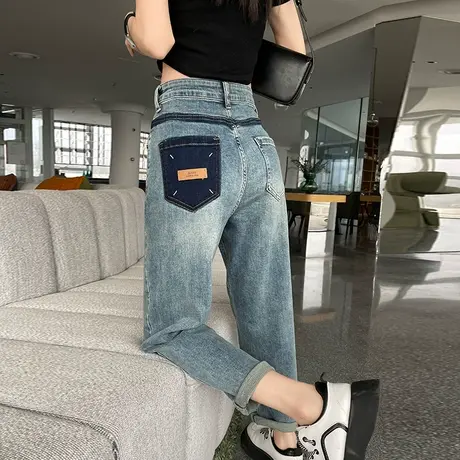 哈伦牛仔裤女春秋2023新款高腰直筒宽松显瘦做旧九分小个子老爹裤商品大图