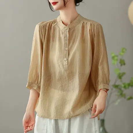 dza 复古纯色全棉女士衬衫2023夏季薄款套头衬衣宽松显瘦立领上衣图片