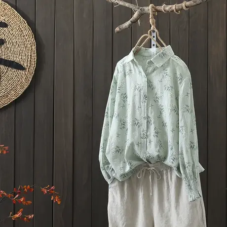 枫谜2021年春装新款文艺复古印花棉麻长袖衬衫女宽松翻领亚麻上衣图片