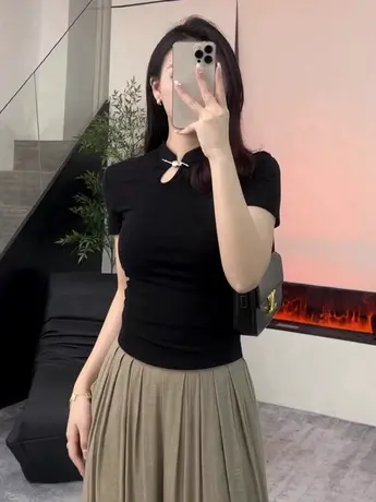 新中式国风辣妹黑色正肩短袖t恤女夏2024新款设计感改良旗袍上衣商品大图