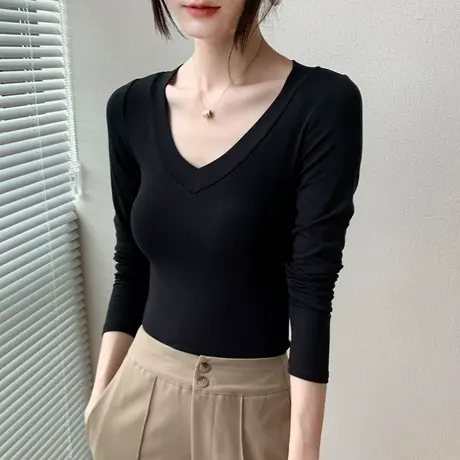 大V领长袖T恤女2023早秋新款西装内搭纯色百搭修身显瘦性感打底衫商品大图
