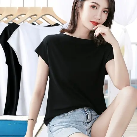 黑色一字领上衣女夏2024新款简约大码宽松短袖纯色百搭插肩袖t恤商品大图