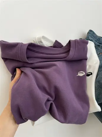 软糯磨毛棉刺绣短袖Tee！春秋显白紫色圆领小个子正肩显瘦T恤衫女商品大图