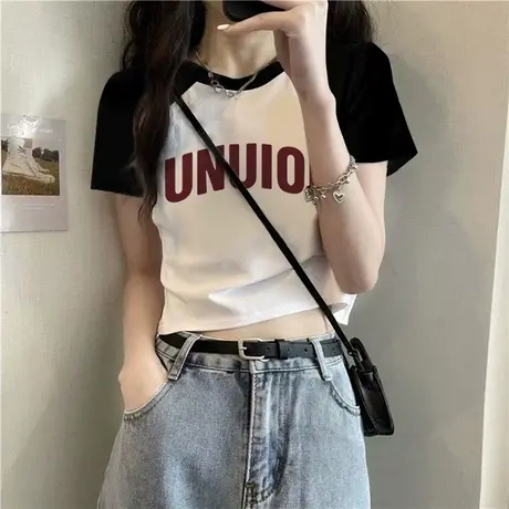 撞色拼接插肩短袖T恤女夏季修身百搭小个子短款字母印花半袖上衣商品大图