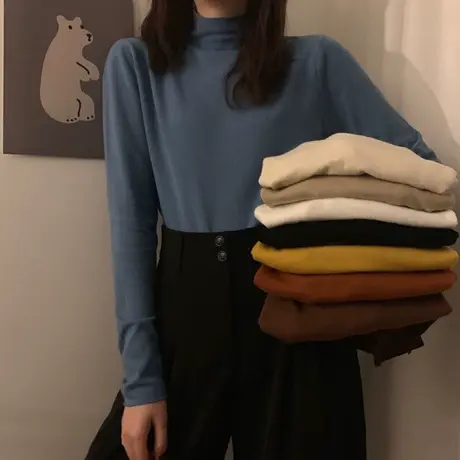 打底衫女半高领德绒长袖t恤2020秋冬修身内搭小衫加绒加厚上衣潮商品大图