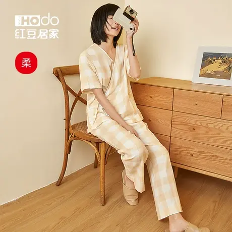 红豆短袖纯棉睡衣女柔感双层纱产后哺乳系带月子服居家开衫孕妇商品大图