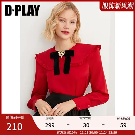 DPLAY秋装新款法式复古少女感新年红娃娃领蝴蝶结长袖衬衫商品大图