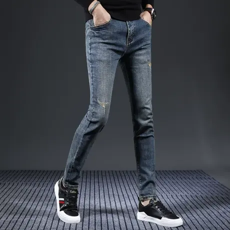 复古怀旧经常蓝色牛仔裤男2023新款修身小脚裤弹力破洞男生裤子商品大图
