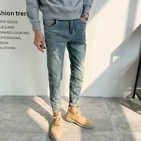 四季做旧浅蓝色破洞牛仔裤修身韩版小脚裤个性猫爪弹力铅笔裤长裤商品大图