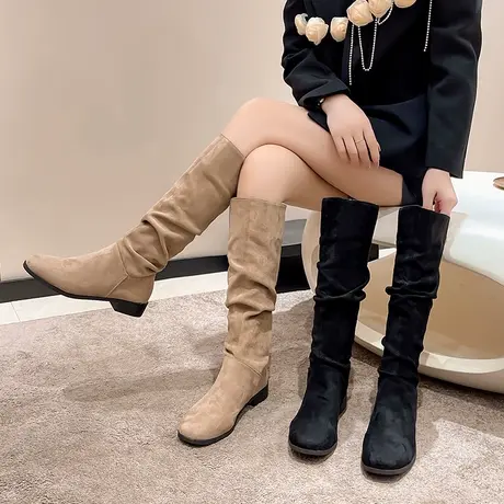 骑士靴女2024年粗跟秋冬款西部靴高筒薄款复古显瘦褶皱堆堆靴长靴图片