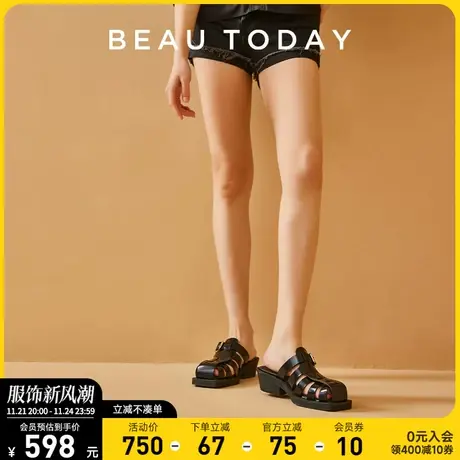 BeauToday方头凉拖BT外穿凉鞋高跟包头拖鞋罗马编织真皮法式单鞋商品大图