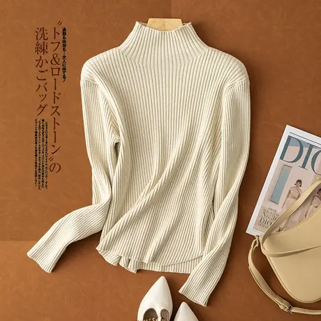 享永子【瘦身特效】坑条轻柔安迪纤丝绒半高领套头毛衣修身打底衫商品大图