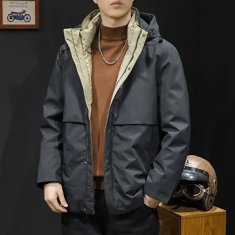 鸭绒羽绒服男冬季连帽2023新款男装大码男士工装潮外套二合一拆卸商品大图