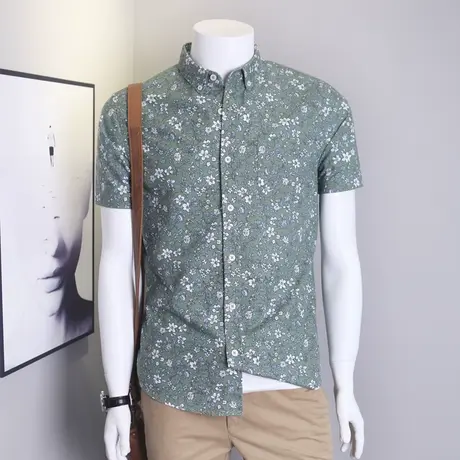 纯棉夏季印花短袖衬衫男士宽松大码休闲牛津纺绿色碎花衬衣商品大图