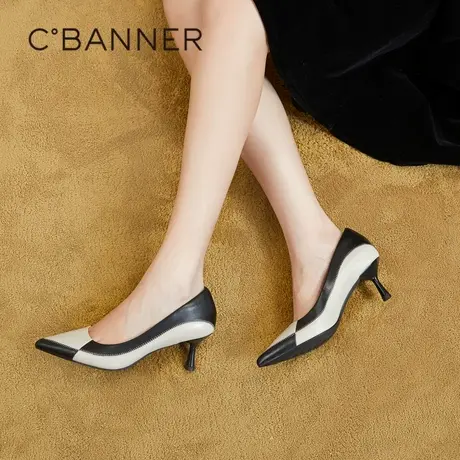 【静音系列】千百度春季时装单鞋复古拼色静音高跟鞋通勤气质细跟图片