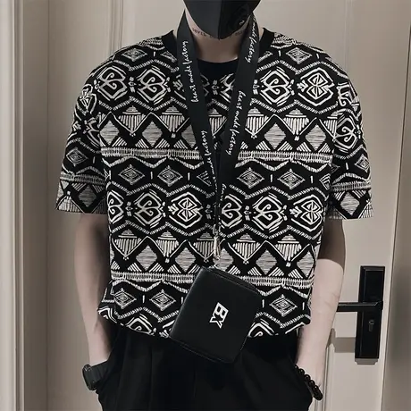 短袖t恤夏季潮牌复古花色高级感2023新款痞帅潮男半袖个性INS体恤商品大图