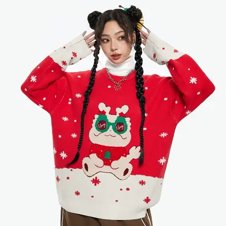 Nuthink圣诞主题提花雪花保暖红色龙圣诞毛衣男女同款中性针织衫图片