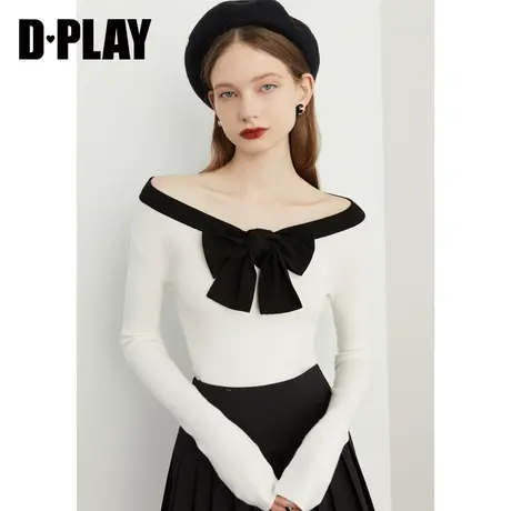 DPLAY德帕拉春季新款法式撞色立体蝴蝶结修身针织小衫商品大图