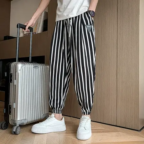 夏季男士裤子条纹休闲裤九分裤哈伦裤宽松潮流薄款运动哈伦裤束腿商品大图