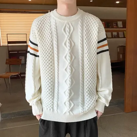 扭花毛衣男士圆领青年宽松秋冬季加厚保暖潮牌打底针织衫外套线衣商品大图