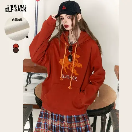 妖精的口袋红色连帽加绒卫衣女2024年早春新款新中式长袖宽松上衣图片