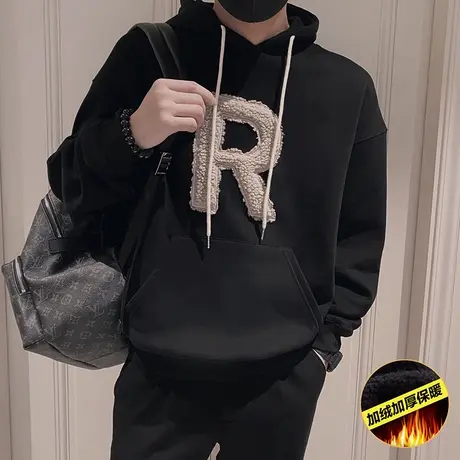 2022冬季时尚休闲加绒加厚学生连帽男士卫衣简约百搭ins青年外套商品大图