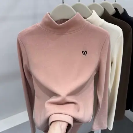 爱心刺绣半高领T恤女秋冬季双面德绒保暖打底衫内搭修身长袖上衣商品大图