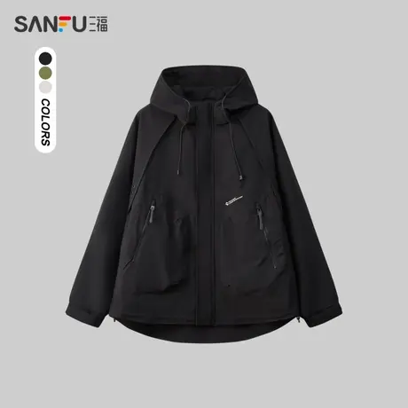 三福2024春季男士前幅大口袋冲锋衣夹克 休闲连帽外套男481173商品大图