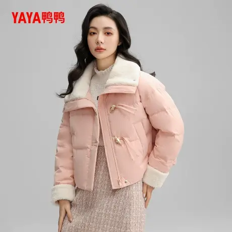 鸭鸭羽绒服女超短款2024年新款宽松拼色仿羊羔毛翻领保暖外套J图片