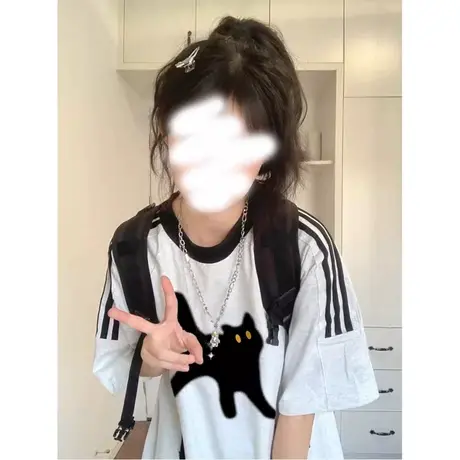 纯棉短袖T恤女夏季韩版百搭宽松显瘦侧边条纹短袖体恤上衣慵懒风商品大图