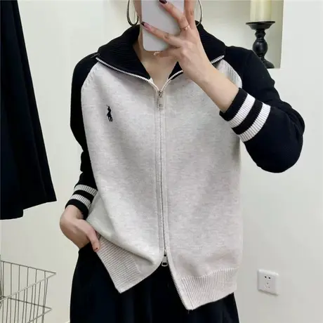 春装2024早春新款拉链毛衣开衫外套女洋气时髦拼色百搭短款上衣女图片