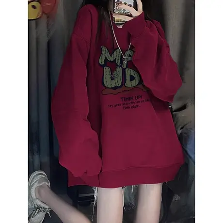 酒红色落肩圆领卫衣女秋冬新款美式oversize加绒设计复古宽松上衣图片