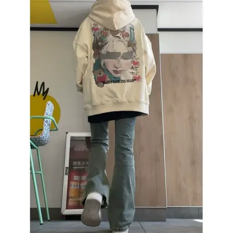 美式复古连帽卫衣女春秋冬季宽松韩版慵懒风加绒加厚上衣外套潮牌图片