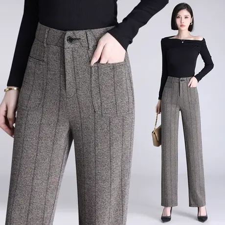 裤子女2024年新款窄版直筒裤春秋大码宽松中年妈妈条纹休闲阔腿裤商品大图