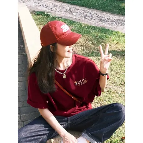 酒红色欧货大码短袖T恤女小个子上衣2024新款宽松纯棉半袖打底衫图片