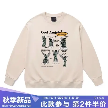 米色vintage小众情侣卫衣秋装古着美式天使雕像洋气潮牌薄款上衣商品大图