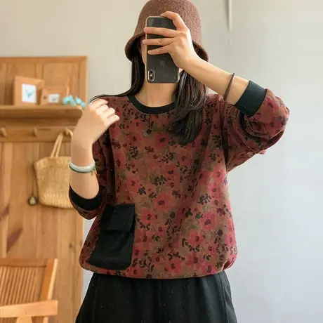 dza 复古圆领套头口袋卫衣女士春秋新款纯棉宽松长袖上衣短款外套图片