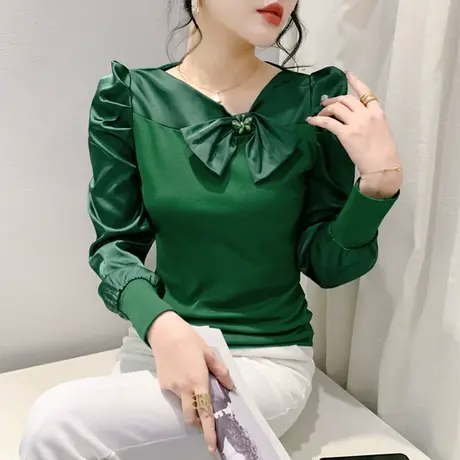 气质V领泡泡袖T恤女褶皱拼接钉珠修身打底衫设计感蝴蝶结别致上衣商品大图