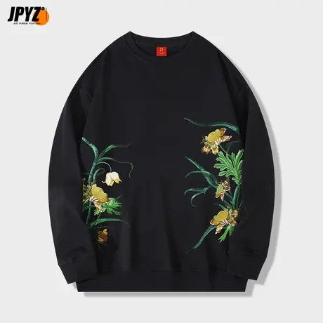 中国风花卉刺绣秋季卫衣男款国潮新款宽松情侣长袖圆领外套上衣服商品大图