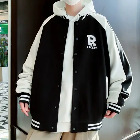 美式棒球服男春秋季新款撞色拼接外套男生青少年潮牌宽松刺绣夹克商品大图