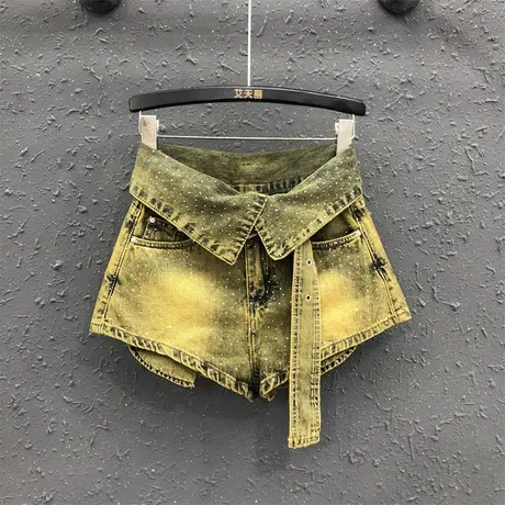 欧货韩版怀旧复古牛仔短裤女2024春夏新款重工烫钻高腰显瘦阔腿裤商品大图