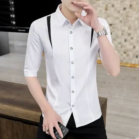 衬衫男夏季痞帅七分袖2023新款日系男装中袖韩版修身潮流短袖衬衣商品大图