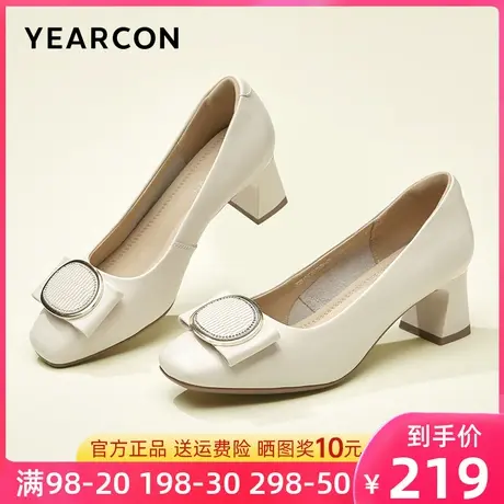 意尔康女鞋2023秋季新款真皮方扣浅口高跟鞋女粗跟方头单鞋不累脚图片