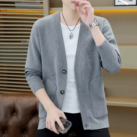 潮牌纯色简约风针织夹克男士春秋季潮流百搭针织毛衣外套外搭线衣商品大图