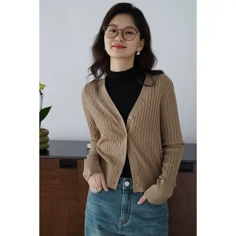 嘉茱莉2023秋季新款绵羊毛毛衣外套女V领针织开衫短款修身上衣商品大图