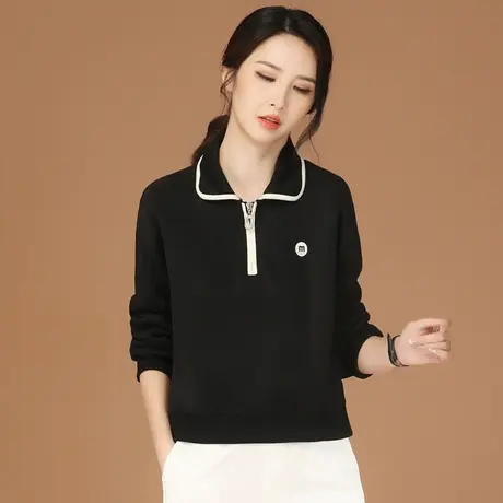 韩潮袭人娃娃领复古黑色宽松卫衣女2023秋季新款休闲长袖T恤上衣商品大图