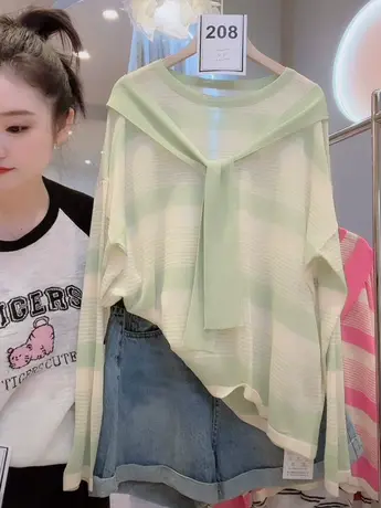 防晒衣女款夏季薄款透气宽松显瘦长袖冰丝条纹时尚披肩T恤上衣洋商品大图